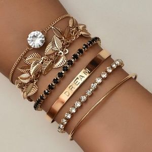 Boho Gold Tone Dream Leaves Cuff Bracelet Set
